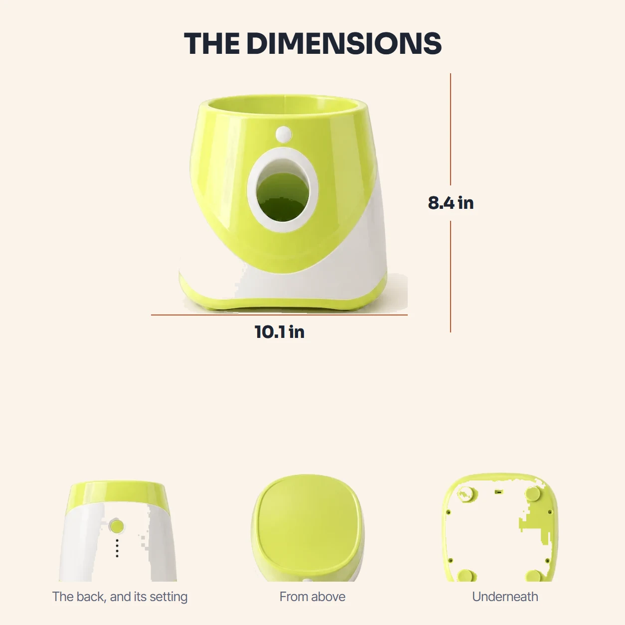 The launcher's measurements: 10.1 in wide by 8.4 in high, with views of the back, top and underside