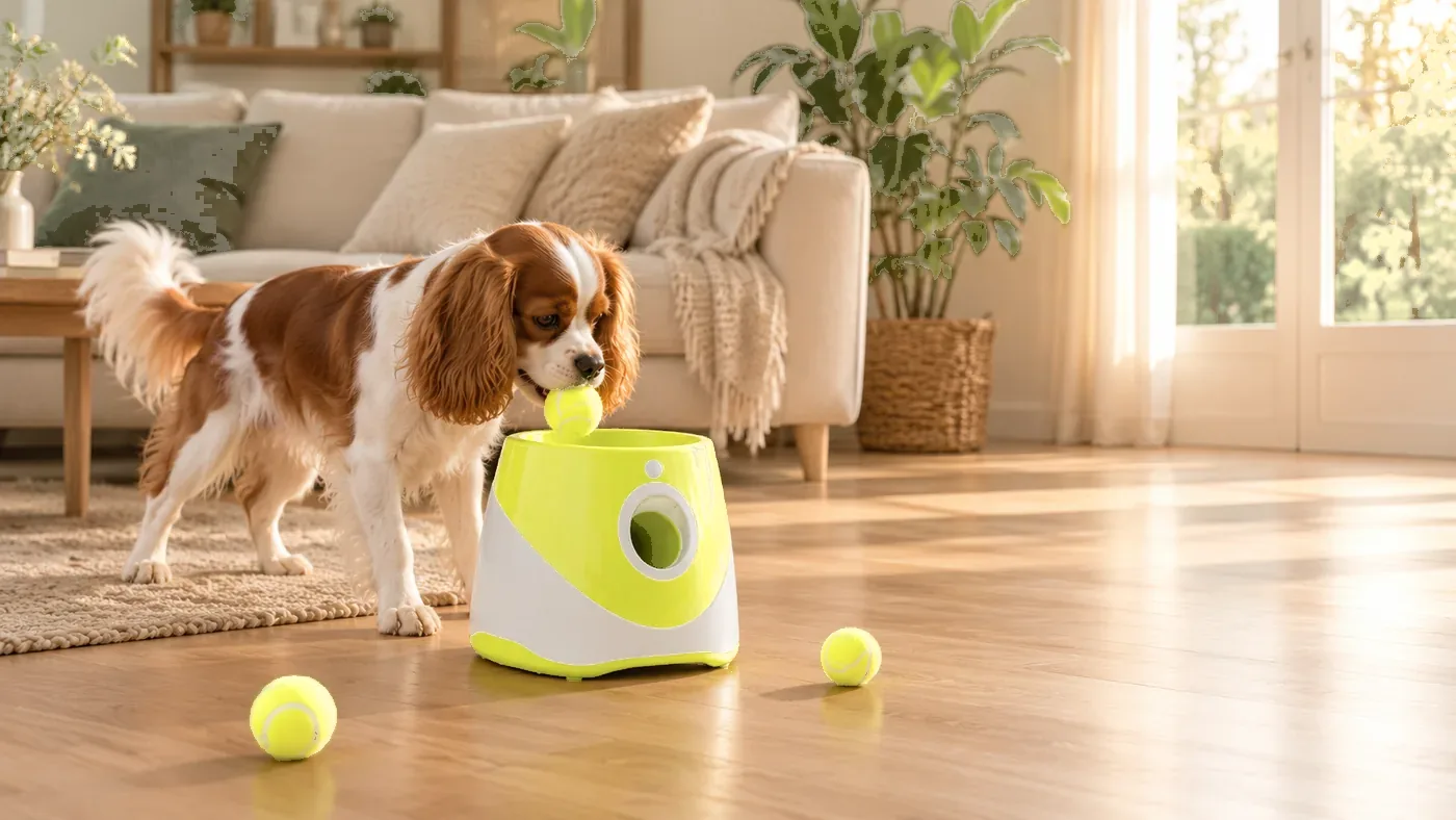 A cavalier king charles plays alone with the launcher on a living-room floor