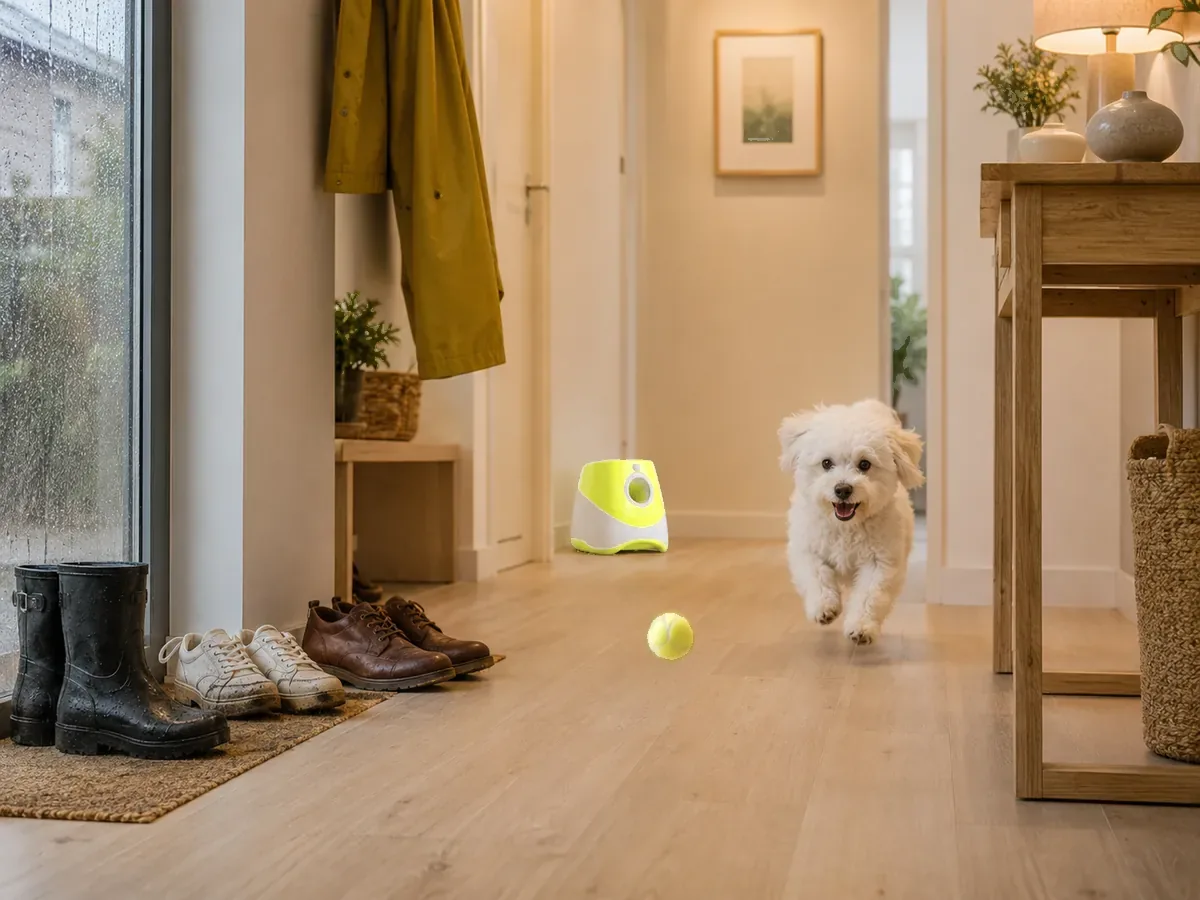 A bichon runs back down an apartment hallway carrying a ball