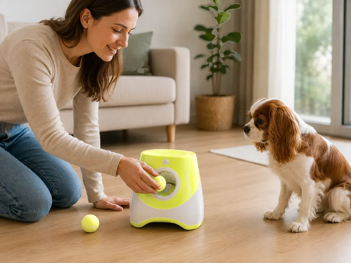 A woman kneeling holds out a ball to an attentive young dog on a living-room floor