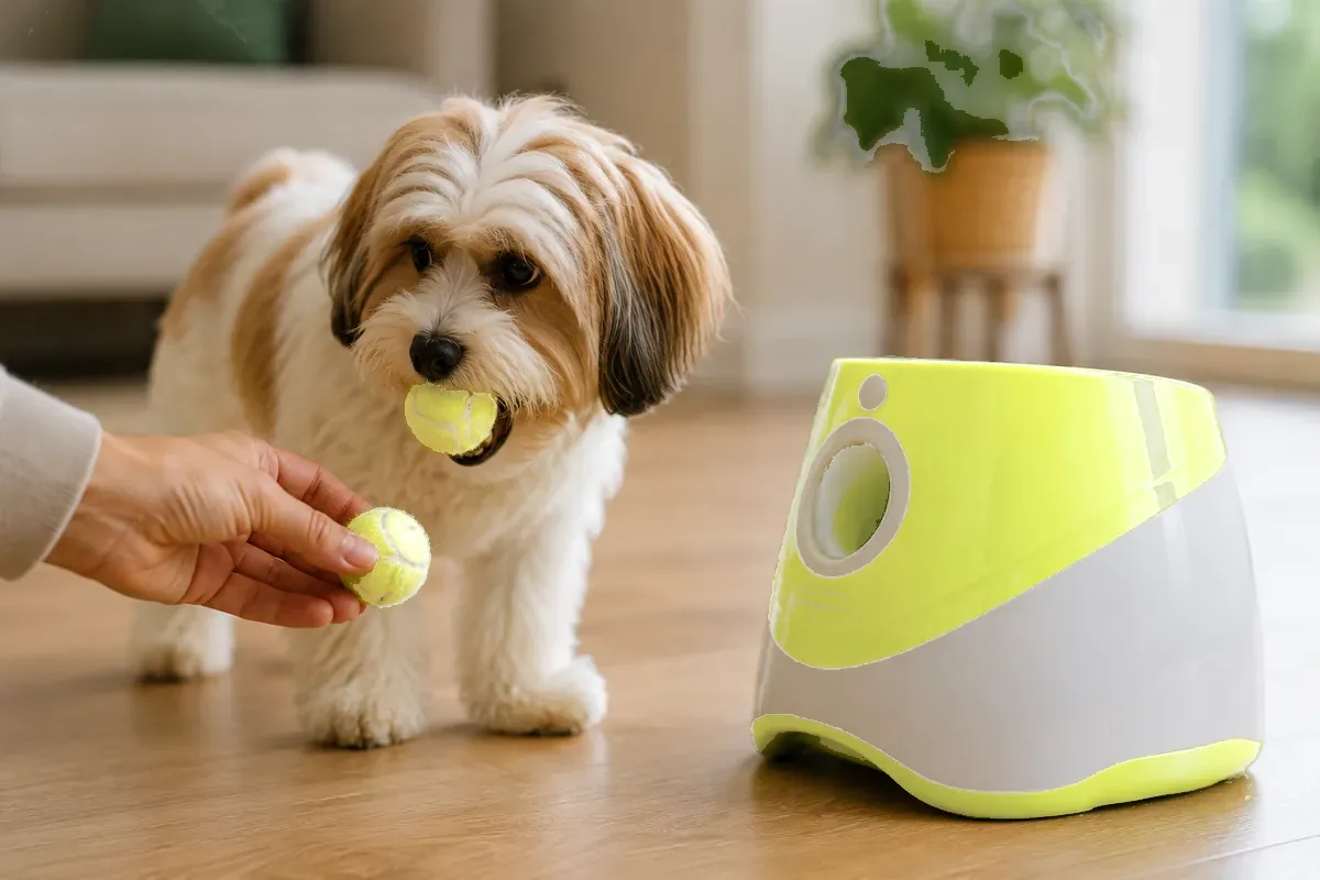 A hand offers a second identical ball to a small dog already holding the first in his mouth