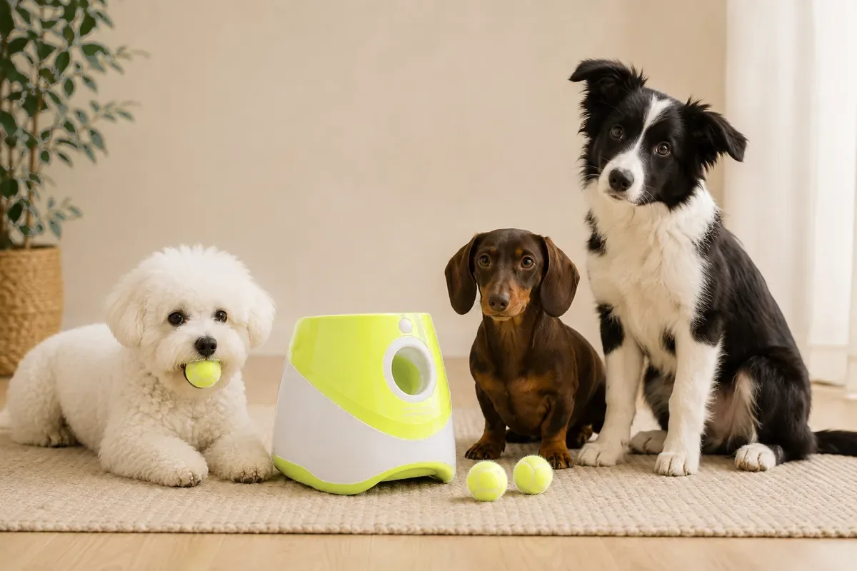 A bichon, a dachshund and a young border collie beside the launcher, showing the difference in their size