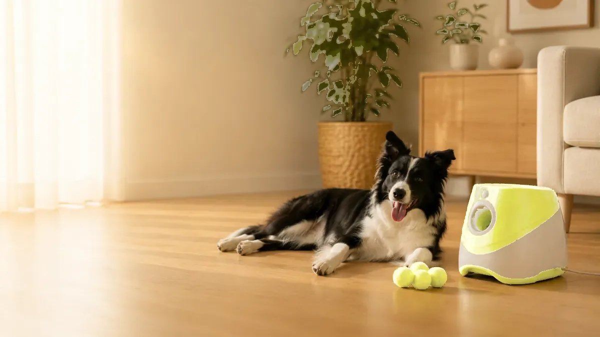 A border collie lying down and relaxed after the session, the launcher and three balls gathered in front of him