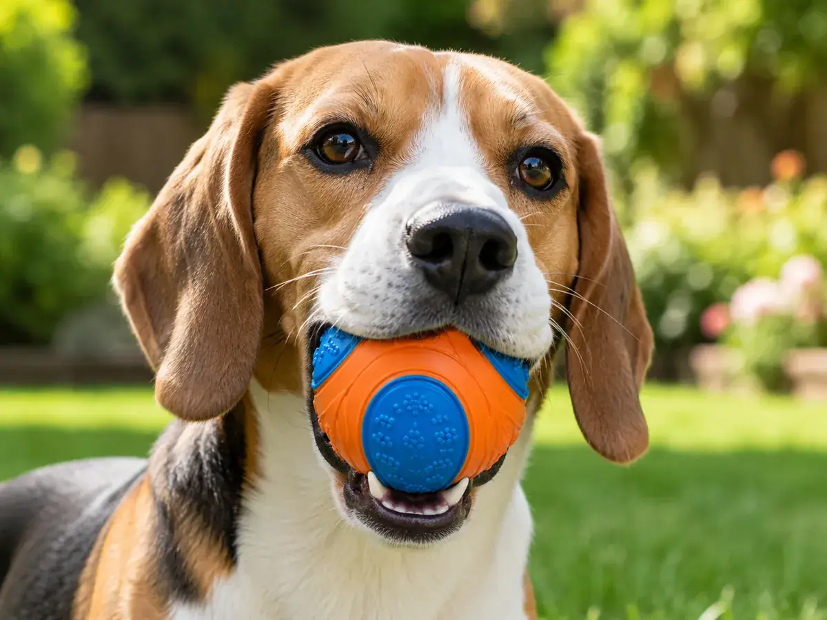 A beagle holding a two-inch textured ball in his mouth, the ball clearly too wide to slip behind the back teeth