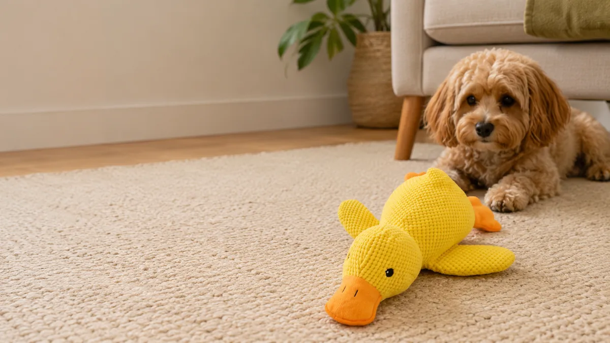 The yellow waffle-plush duck lying on a cream rug, a small dog resting behind it
