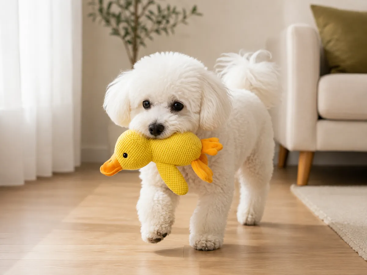A bichon walking across a living room carrying the yellow duck by the middle of its body