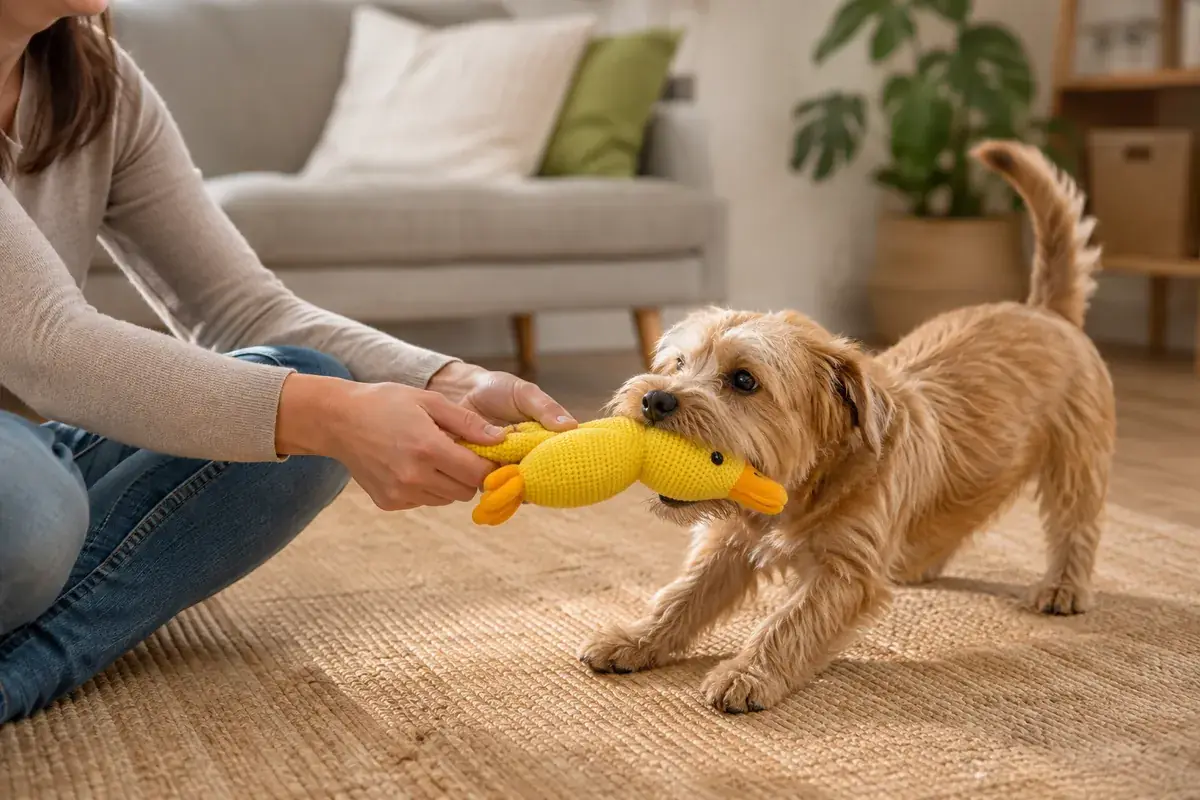 An owner sitting on the floor holding one end of the duck while a small dog takes the other