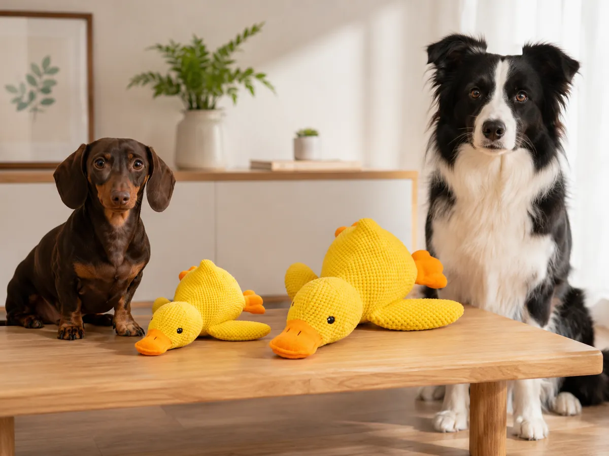 Several yellow ducks on a wooden bench, a dachshund and a border collie sitting on either side