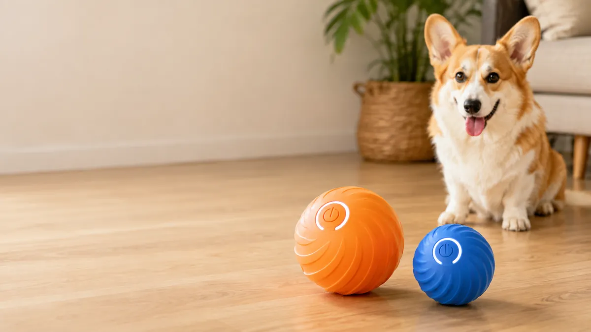 The orange and blue self-rolling balls on a pale wooden floor, a corgi sitting behind them