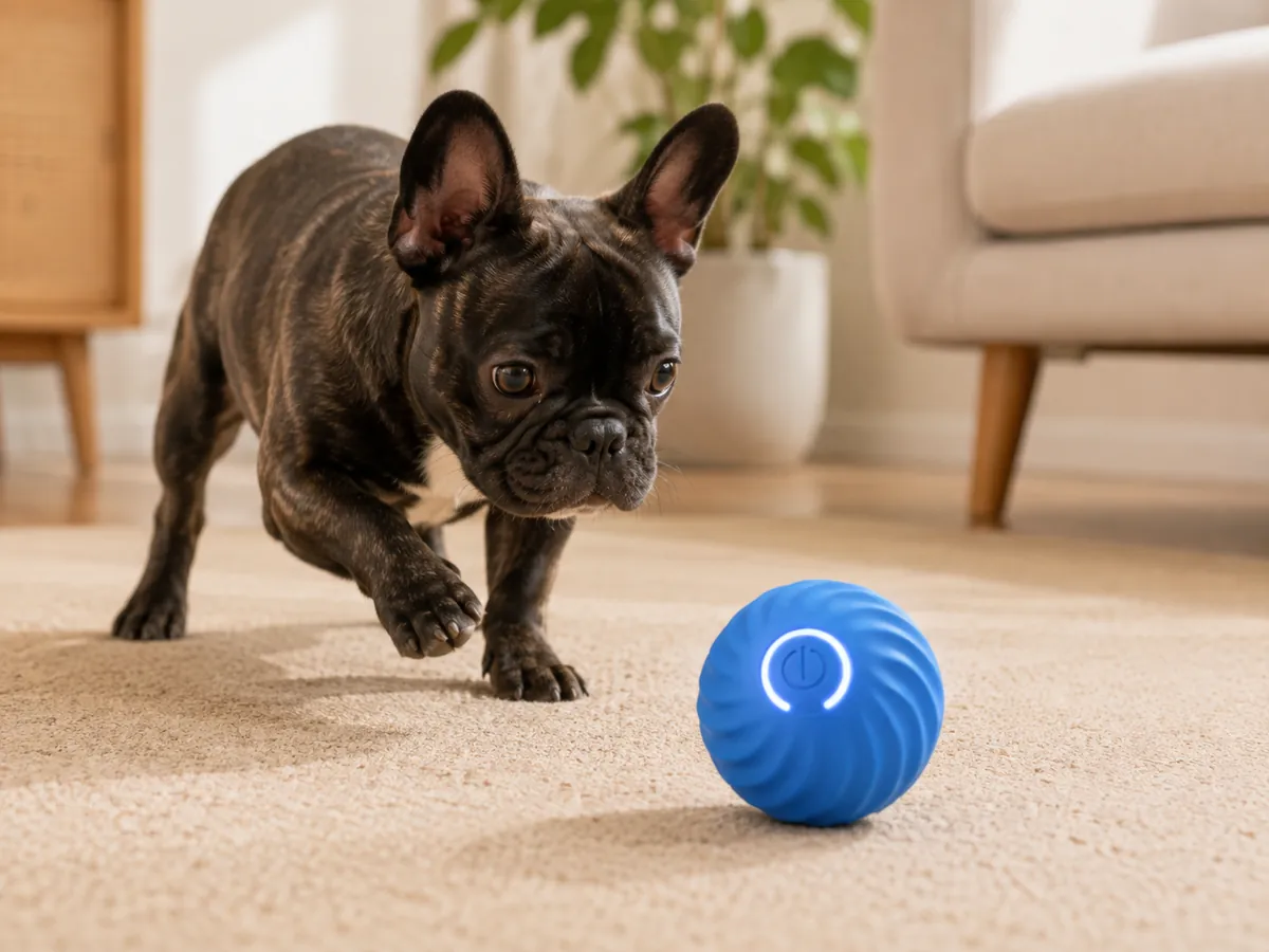 The blue ball rolling across a beige rug, a french bulldog leaning forward to watch it