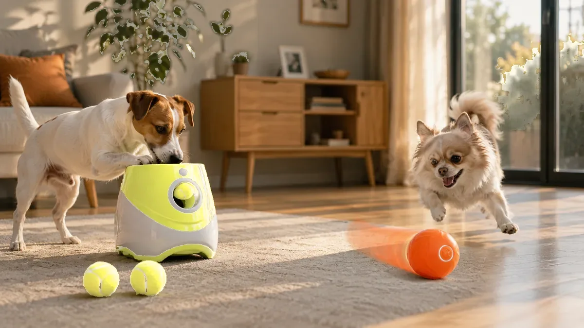 Two zones of the same living room: one dog dropping a ball into the launcher, another chasing the rolling ball