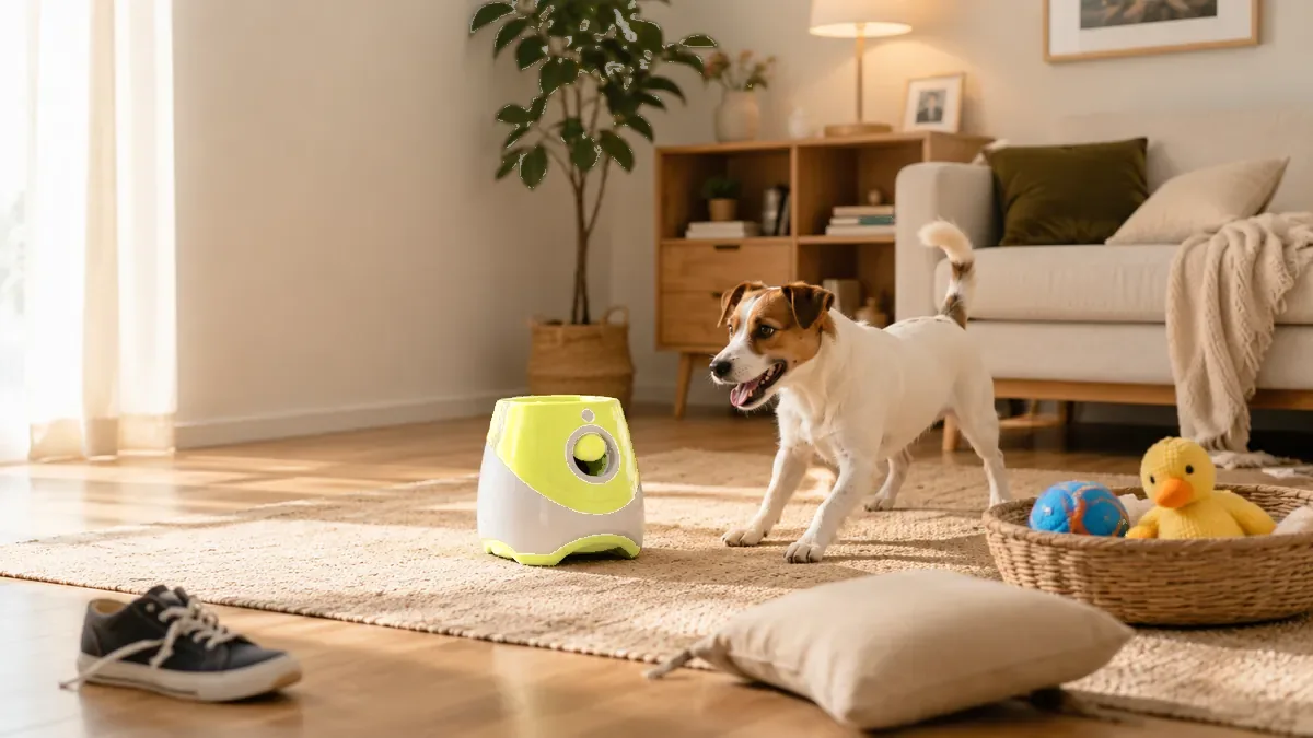A dog in a living room looking towards the launcher, a textured ball resting in a basket