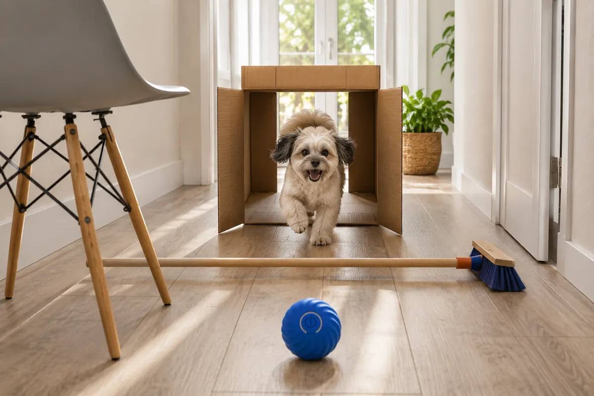 A hallway turned into a small course, a dog walking through a cardboard box with the blue ball on the floor