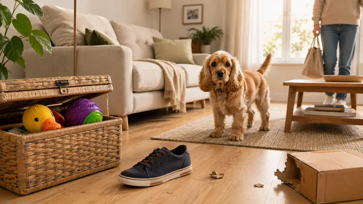 A living room after time alone: a shoe moved out of place, a ball tidied away in a basket