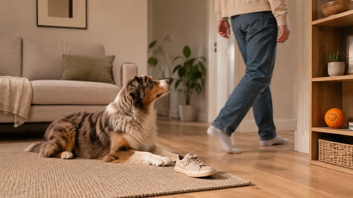 A dog lying on a rug looking up as his owner leaves the room, the orange ball waiting on a low shelf